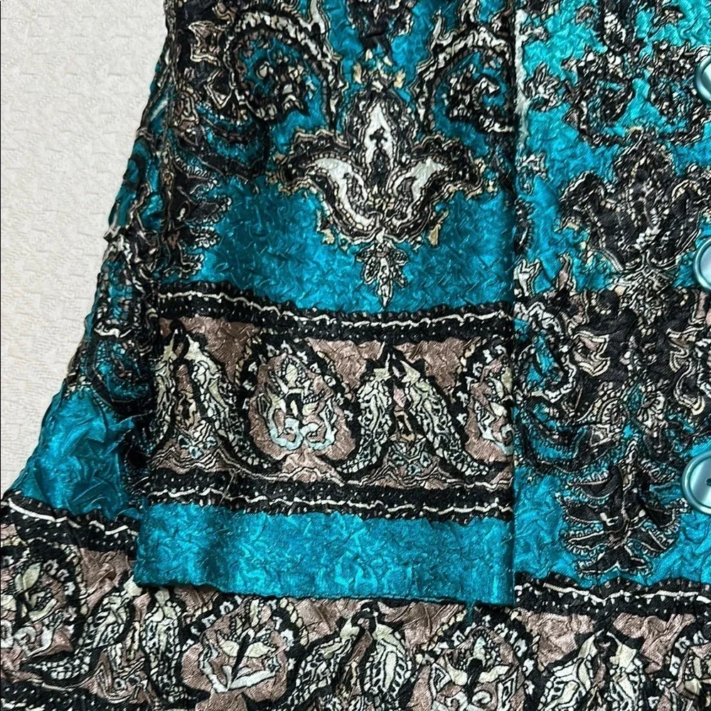 Joni B Womens Turquoise Paisley Crinkle Blouse 3/4 Sleeve Button Front Top Large